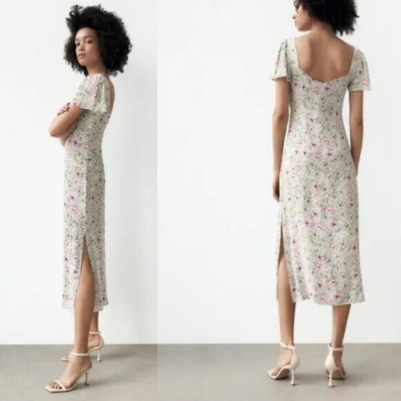 ZARA Floral Cut-Out Midi Length Dress in Green & Pink XS - Picture 2 of 12